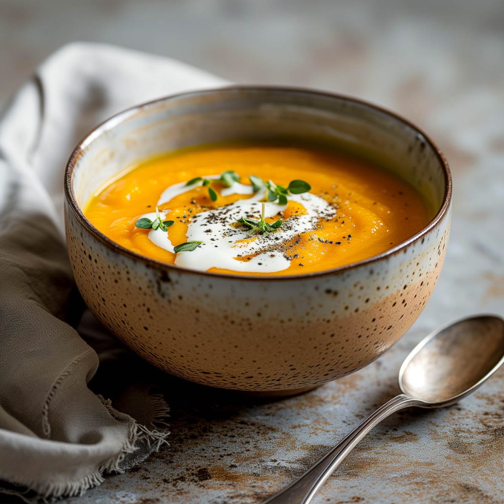 A bowl with smooth butternut soup and a drizzle of cream.