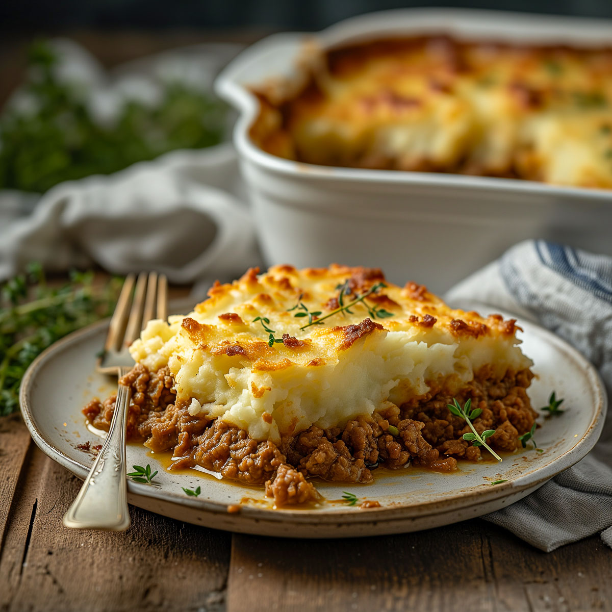A slice of cottage pie (also called shepard's pie) featuring ground beef topped with mashed potatoes.