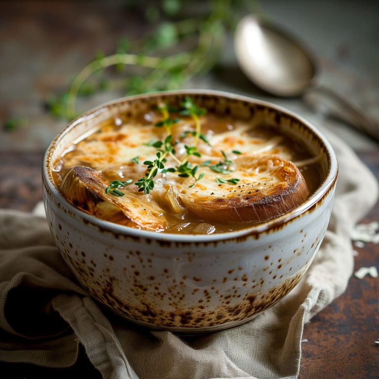 A bowl of French onion soup topped with grilled cheese, bread and herbs.