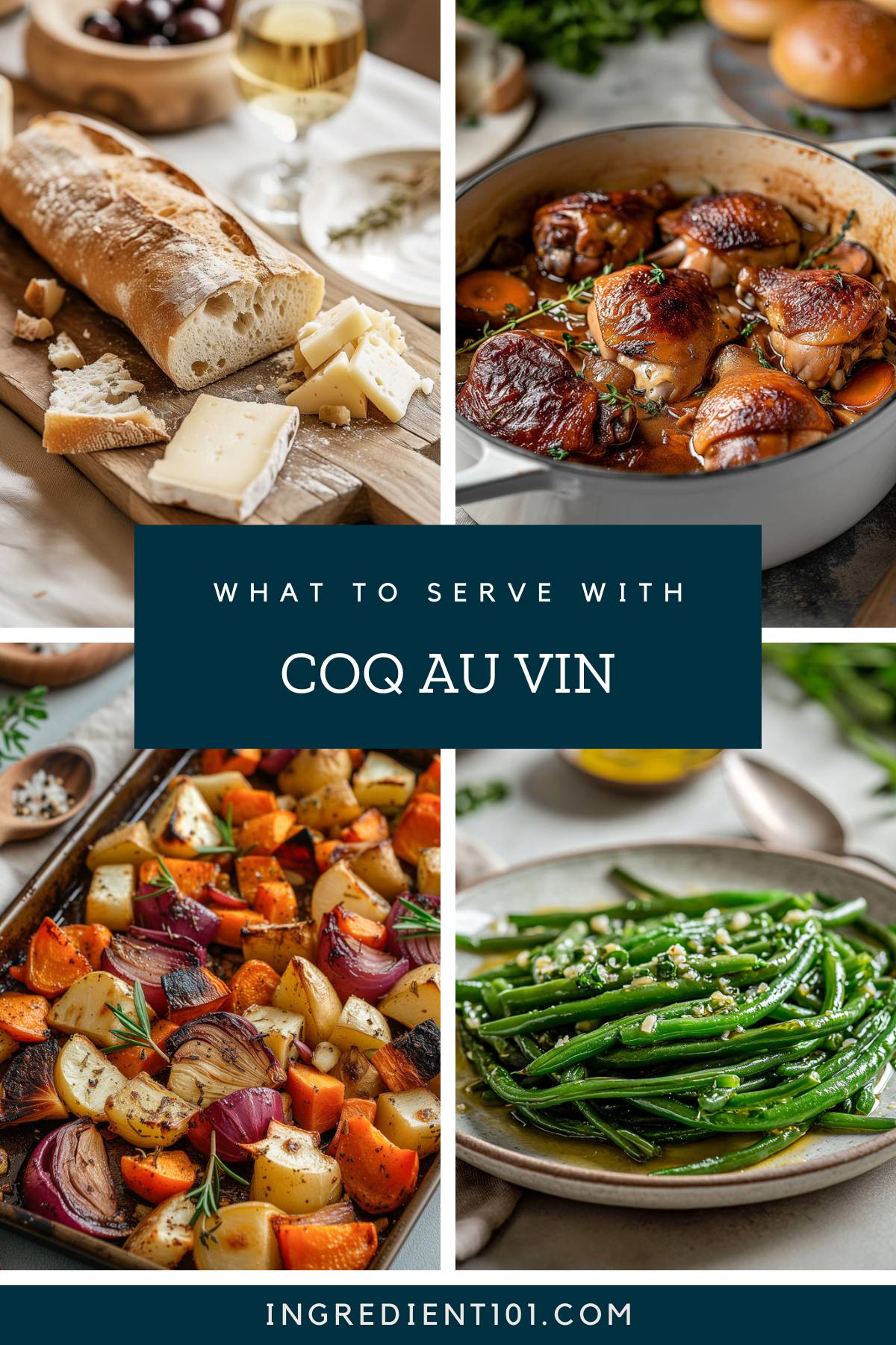 What to serve with coq au vin including green beans, French bread, roasted vegetables and mashed potatoes.
