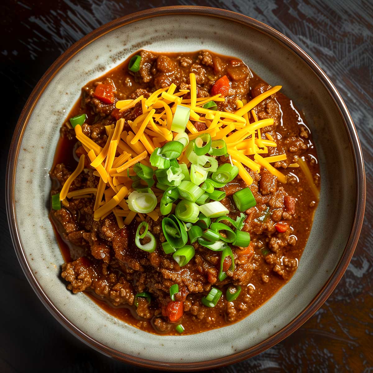 A bowl with chili con carne made from minced beef, red kidney beans, crushed tomatoes and tomato paste topped with sliced green onions and shredded cheddar.