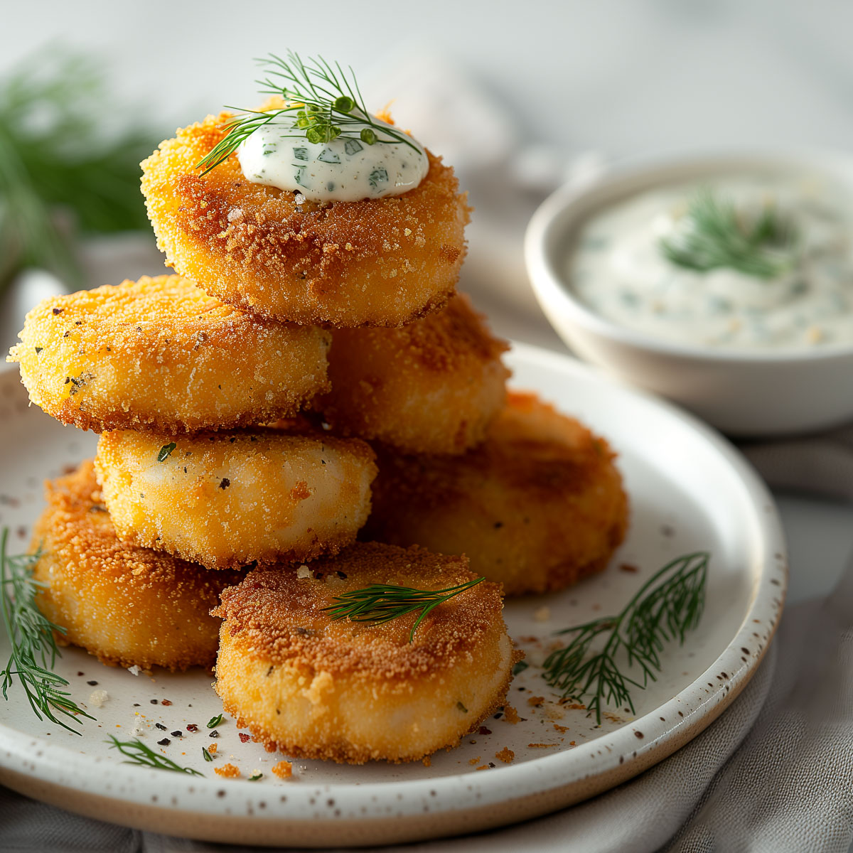 A stack of crispy fried fish cakes with a bread crumb coating and a creamy dill sauce.