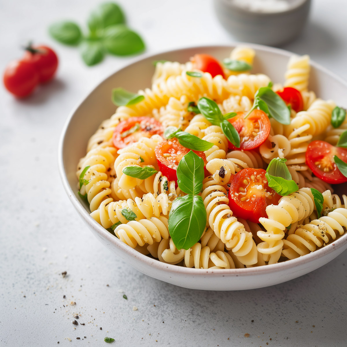 A bowl of Italian pasta salad with fresh basil and sliced cherry tomatoes.