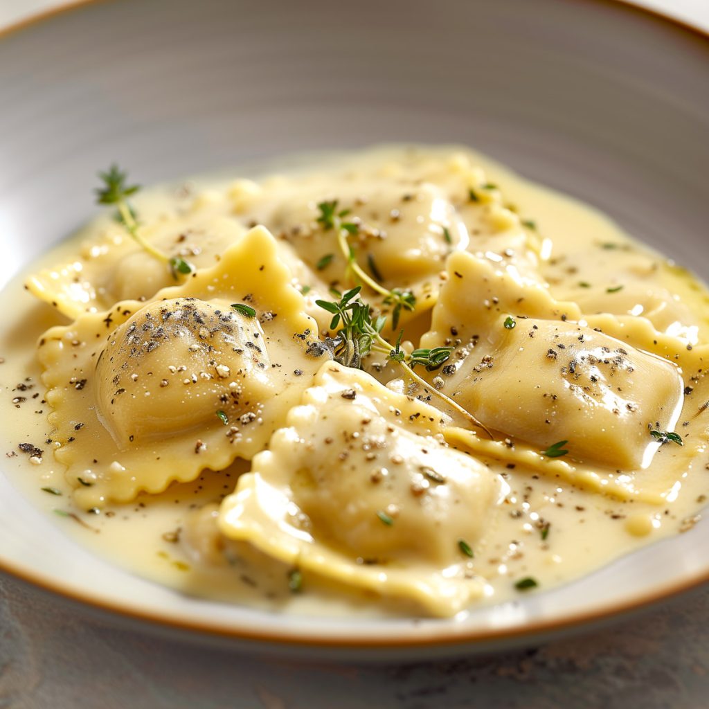 Ravioli in a creamy sauce.