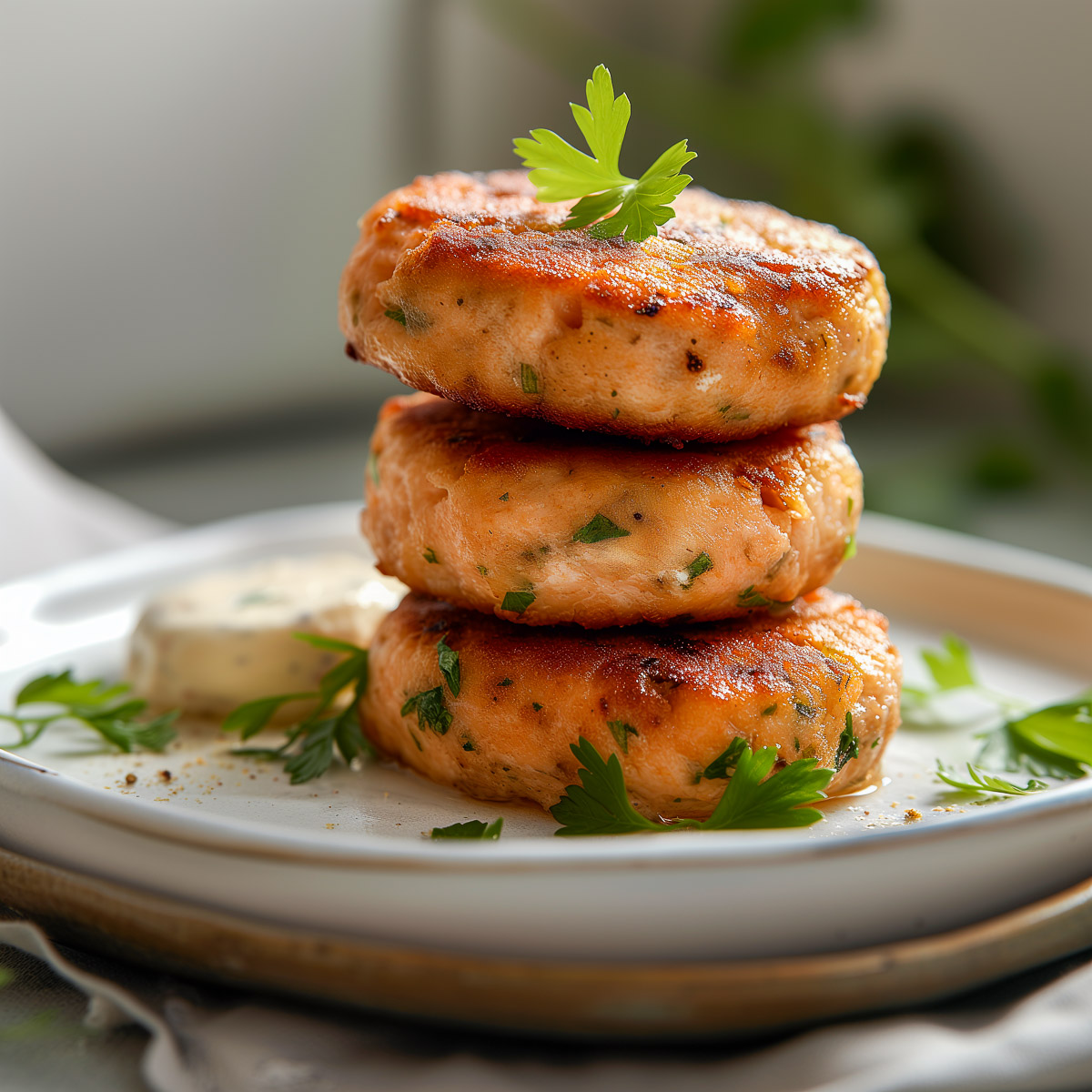 A stack of pan-fried salmon patties.