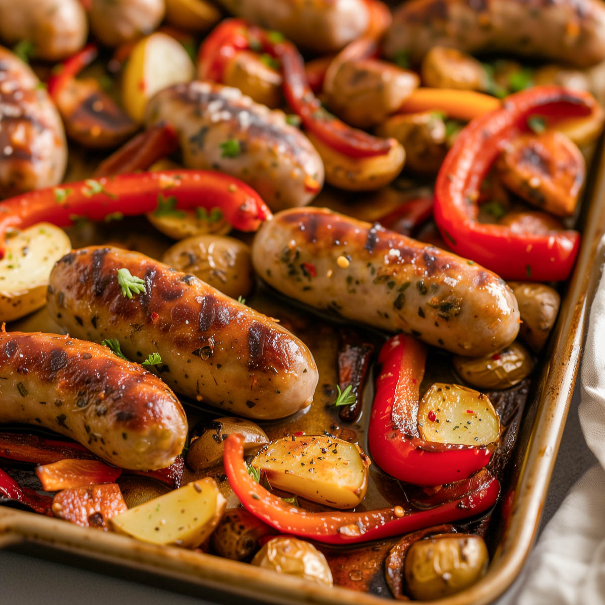 A sheet pan with baked sausage and pepper.