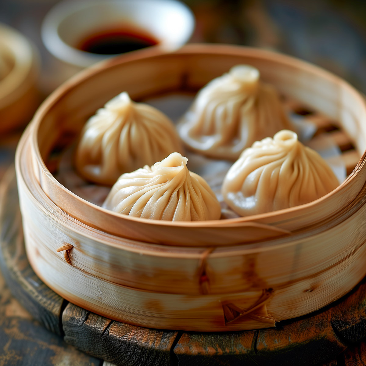 A bamboo steamer basket with soup dumplings.
