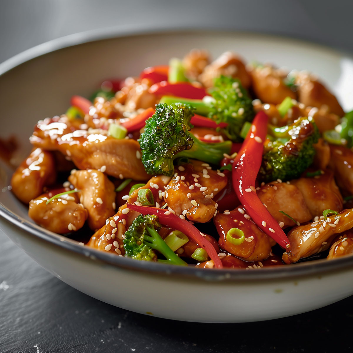 A bowl of teriyaki chicken stir-fry with broccoli florets and sliced red bell peppers.