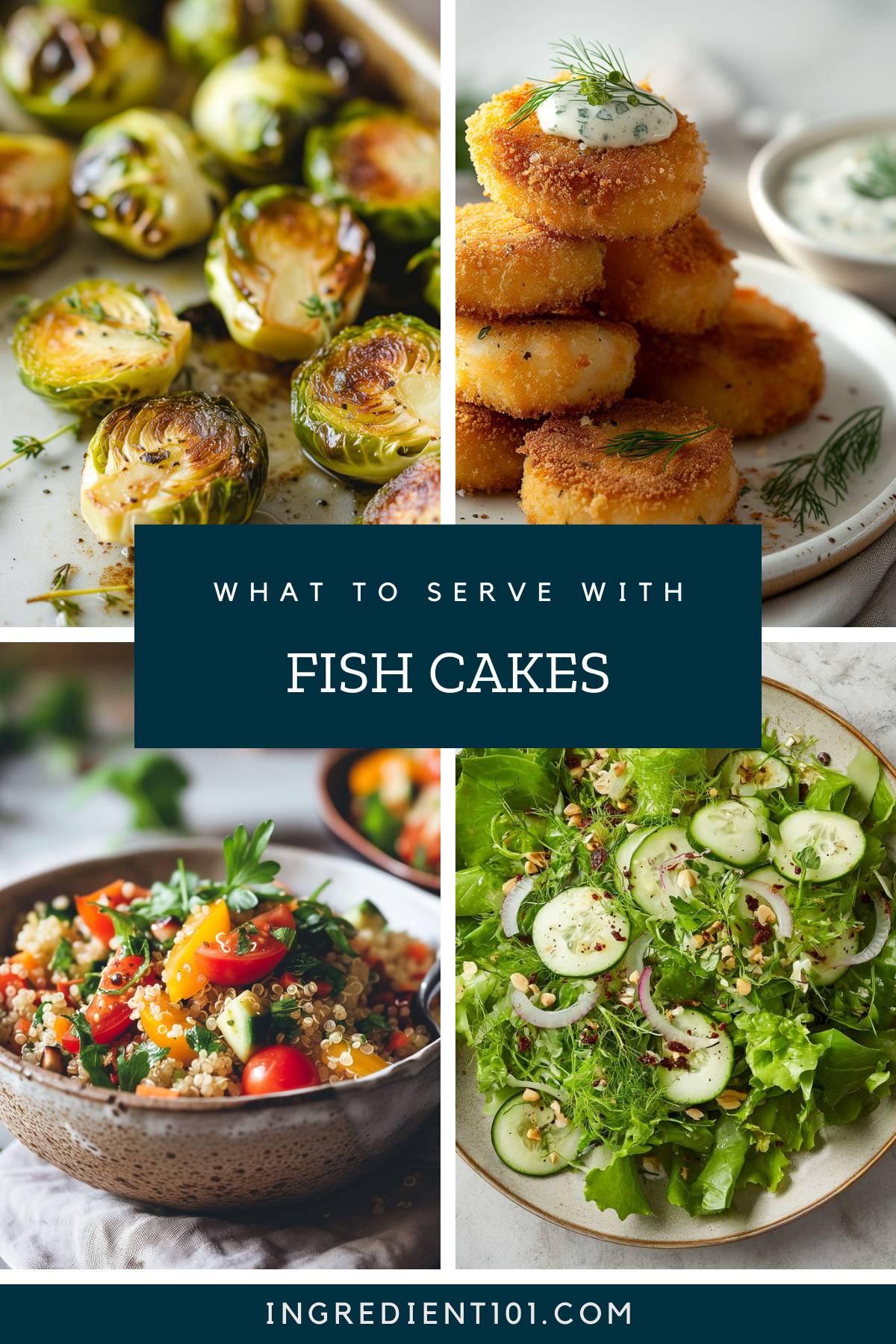 What to serve with fish cakes including green salad, quinoa salad and roasted vegetables like Brussels sprouts and asparagus.