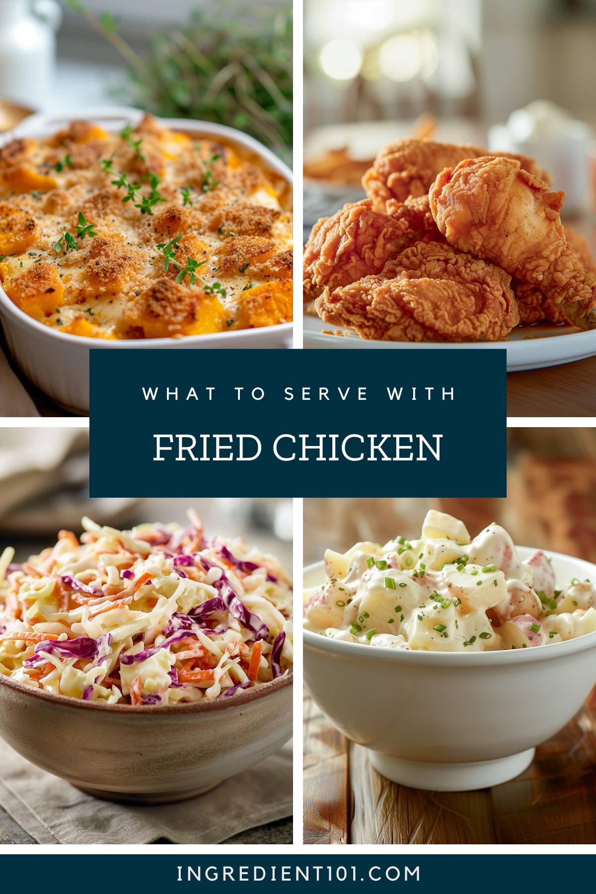 What to serve with fried chicken including creamy coleslaw, potato salad and squash casserole.
