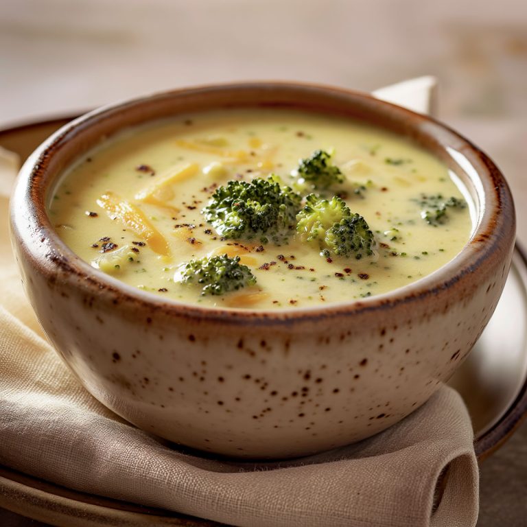 A ceramic bowl with creamy broccoli soup.
