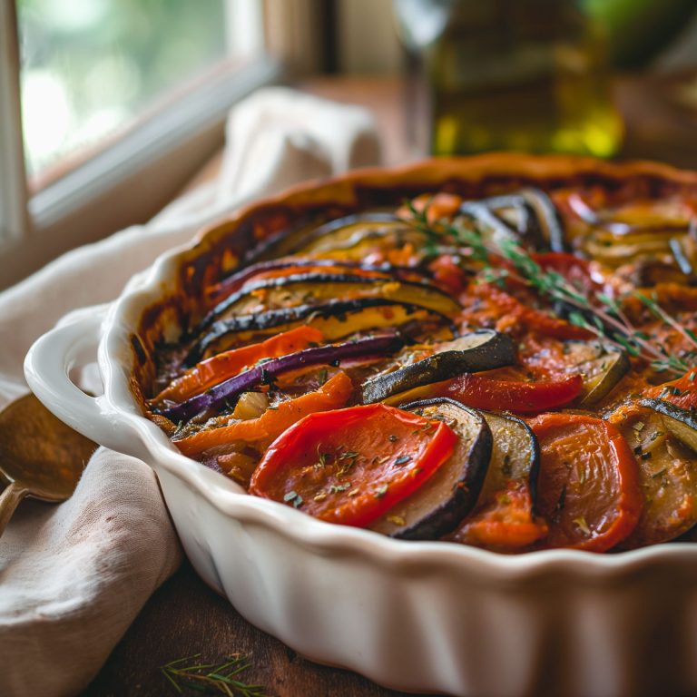 A casserole dish with ratatouille, the classic French stew with layers of summer vegetables.