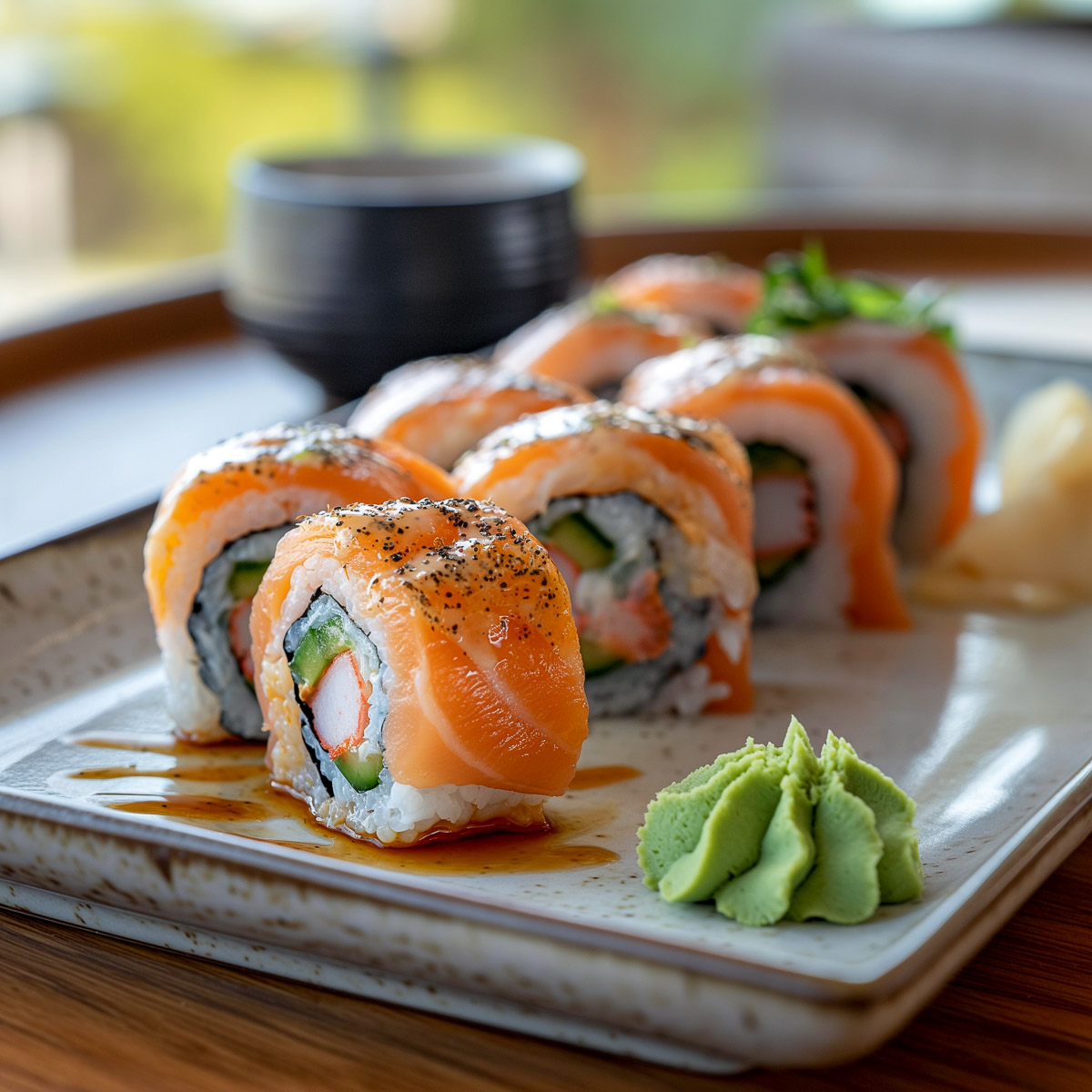 Sushi rolls with salmon on a platter with sweet soy sauce and wasabi.