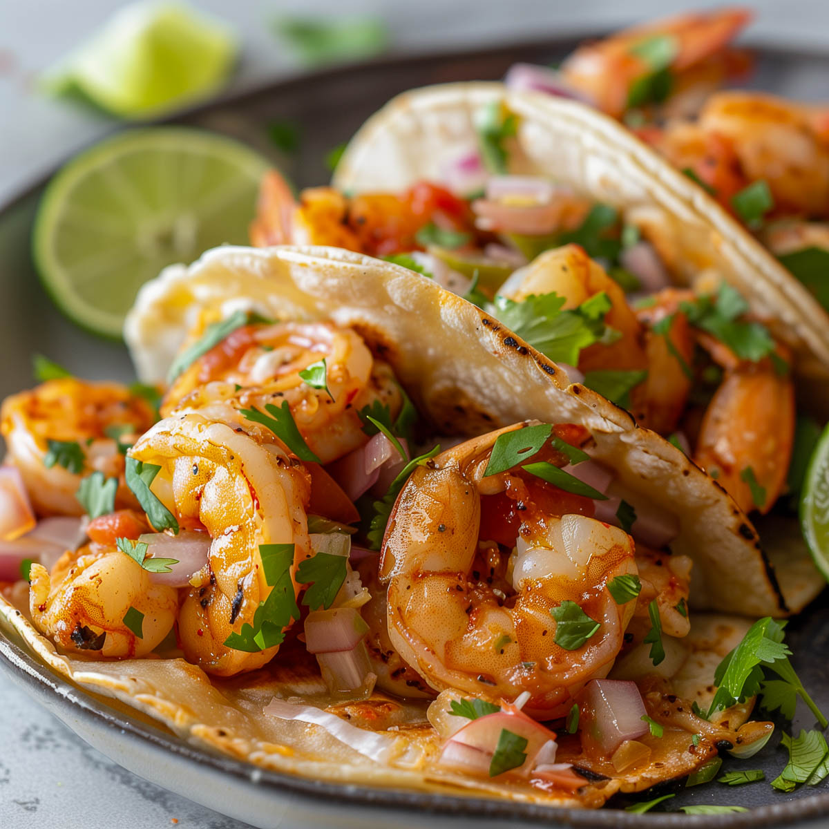 A serving plate with juicy shrimp in a soft taco shell.