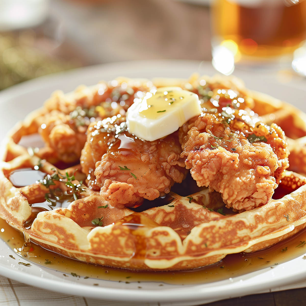 Crispy fried chicken on a waffle topped with butter.