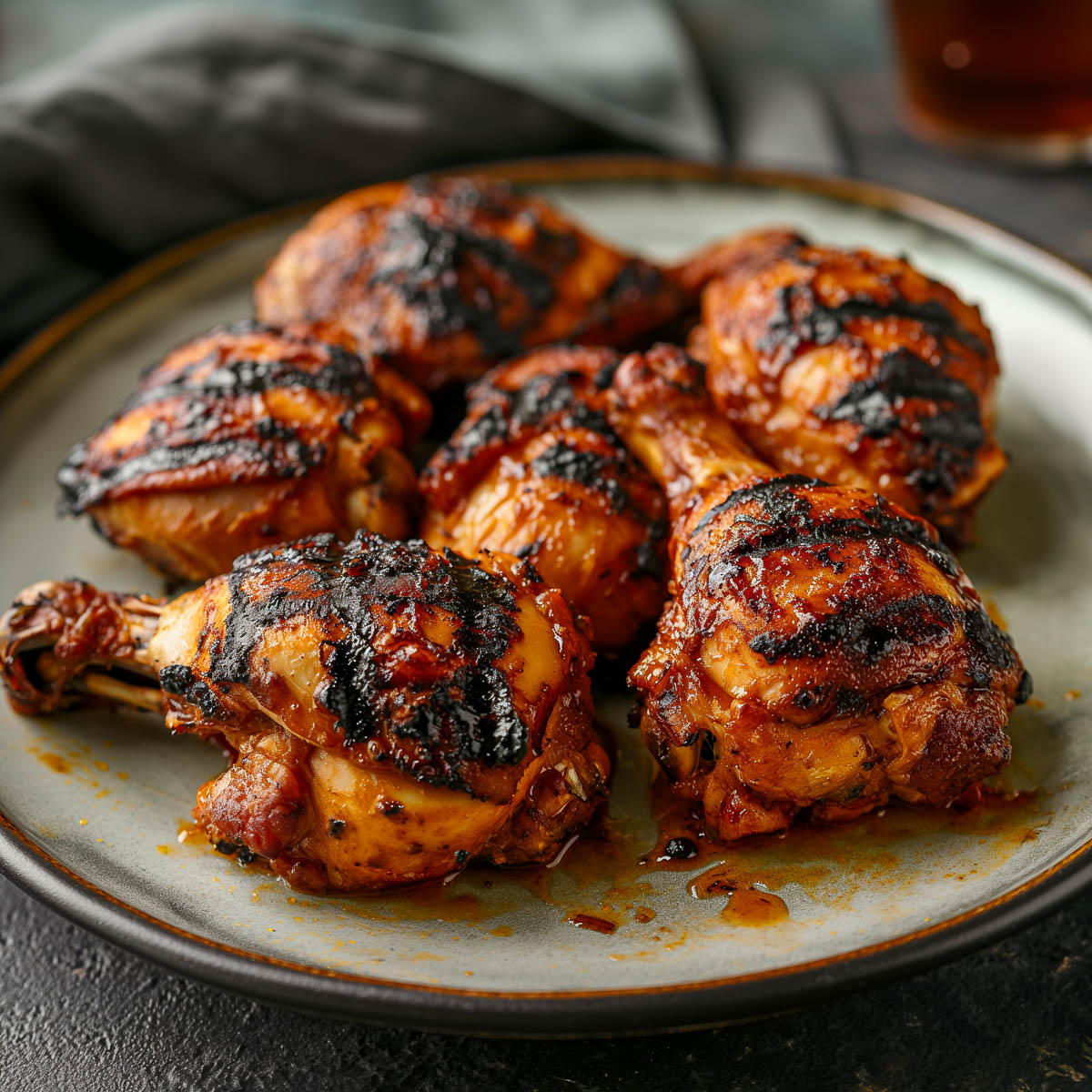 A serving plate with marinated BBQ chicken drumsticks with dark char marks.