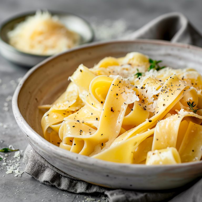 A ceramic serving bowl with buttered noodles and a bowl of grated parmesan cheese.