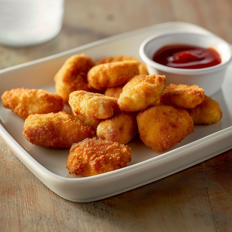 A ceramic serving plate with chicken nuggets and ketchup.