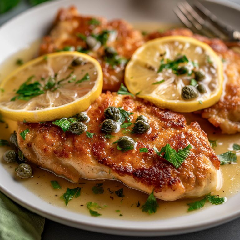 A plate of chicken piccata showing chicken cutlets in a caper and lemon butter sauce.