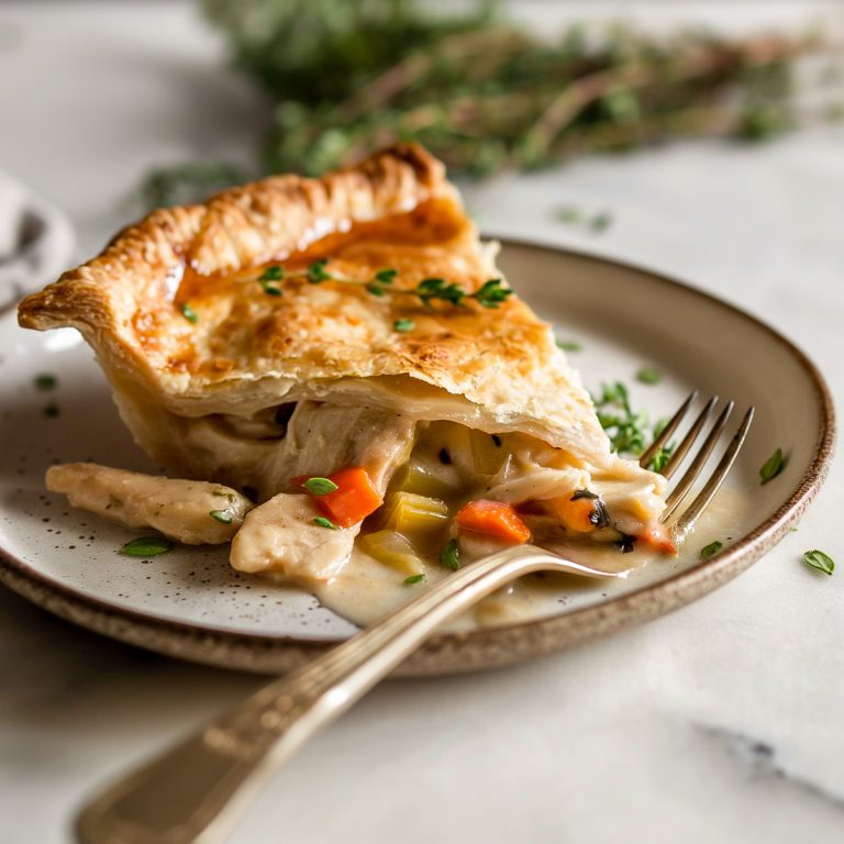 A slice of chicken pot pie with golden crust on a small plate with a fork.