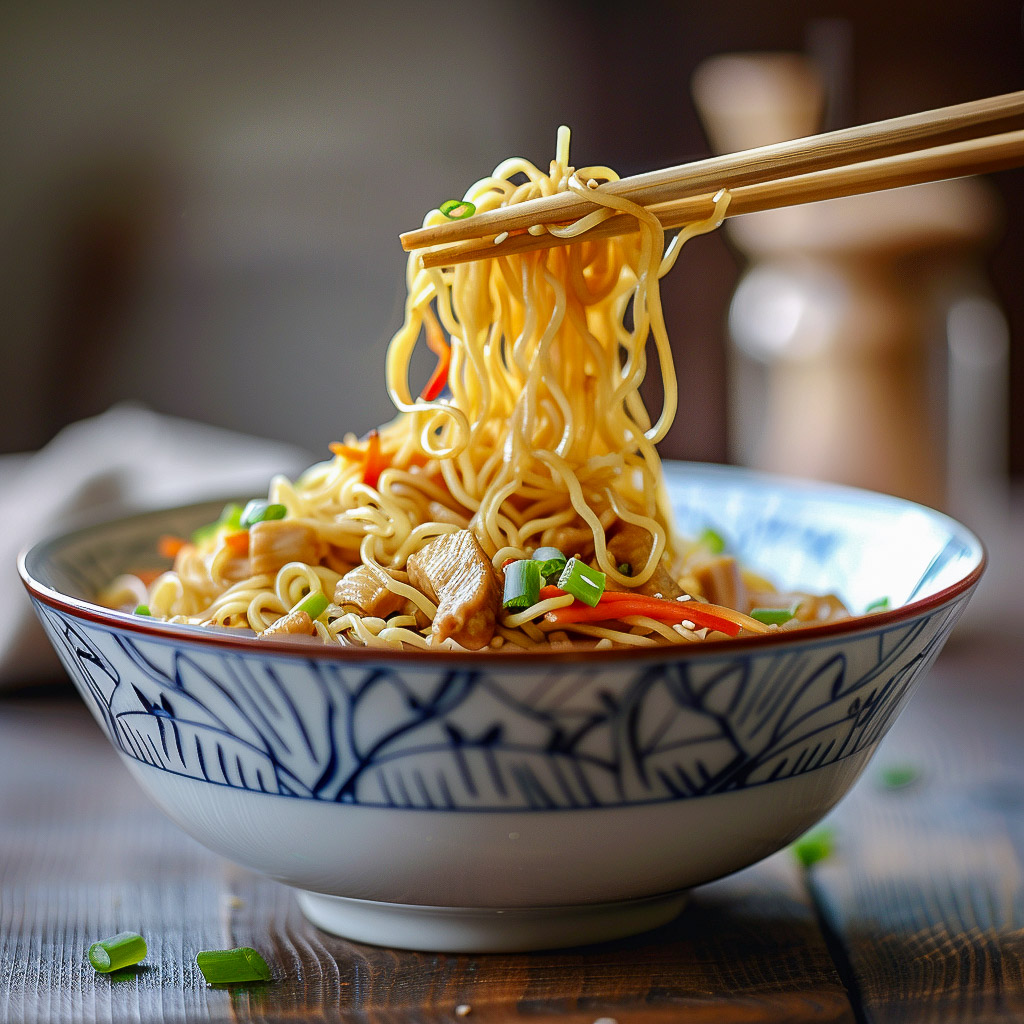 A bowl of chow mein noodles being picked up with chopsticks.