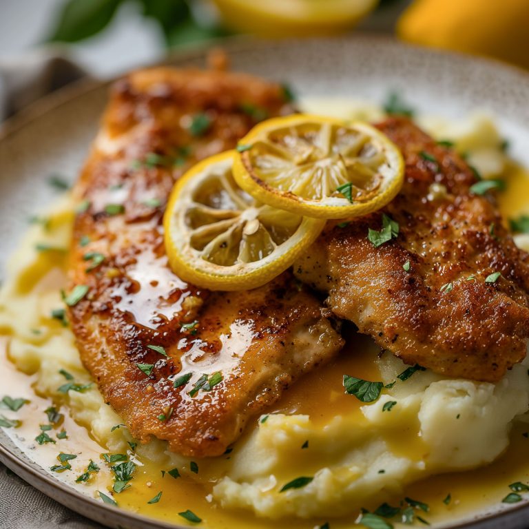A dinner plate with mashed potatoes topped with lemon chicken and two lemon slices.