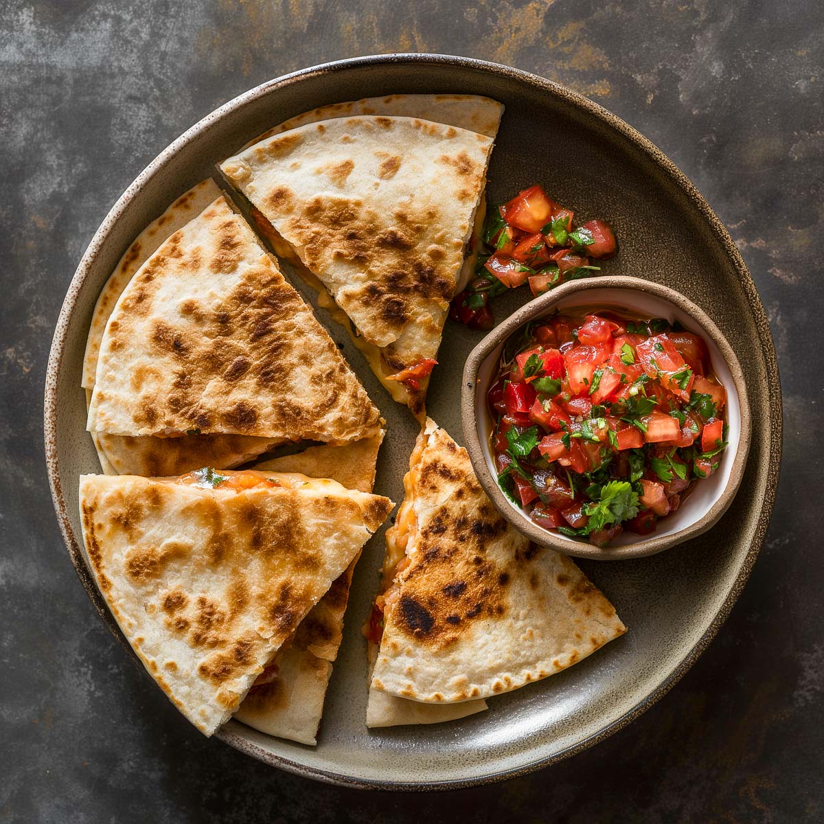 A cheese quesadilla sliced in wedges served with tomato salsa.