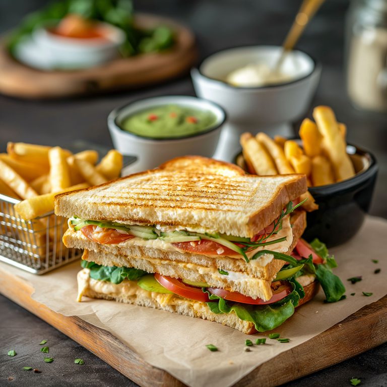 A sandwich with french fries and dipping sauces.