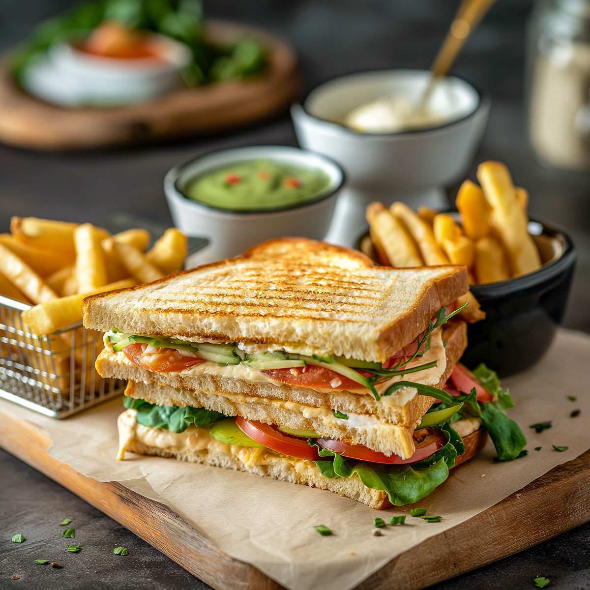 A sandwich with french fries and dipping sauces.