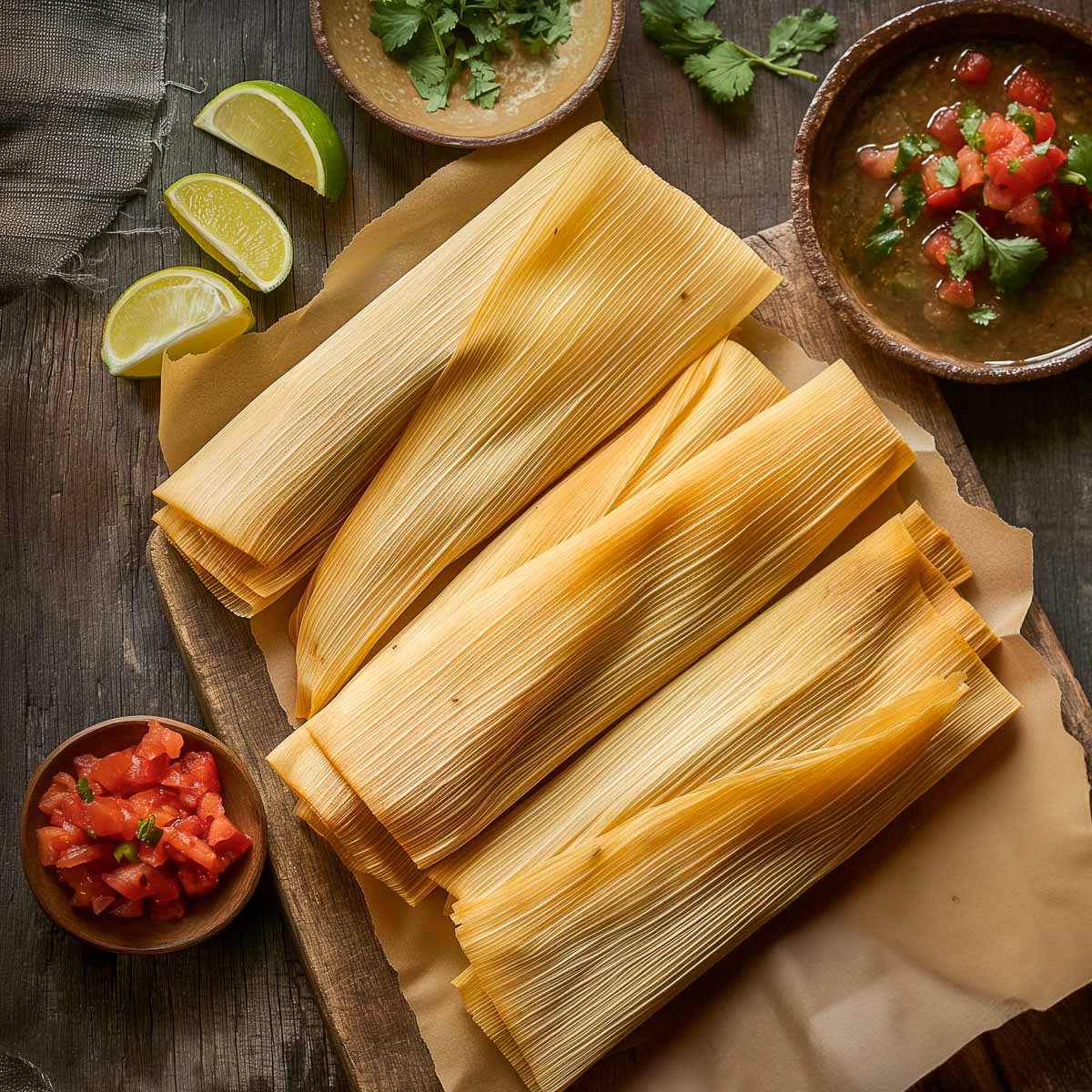 Tamale arranged on a wooden serving board with accompaniments.