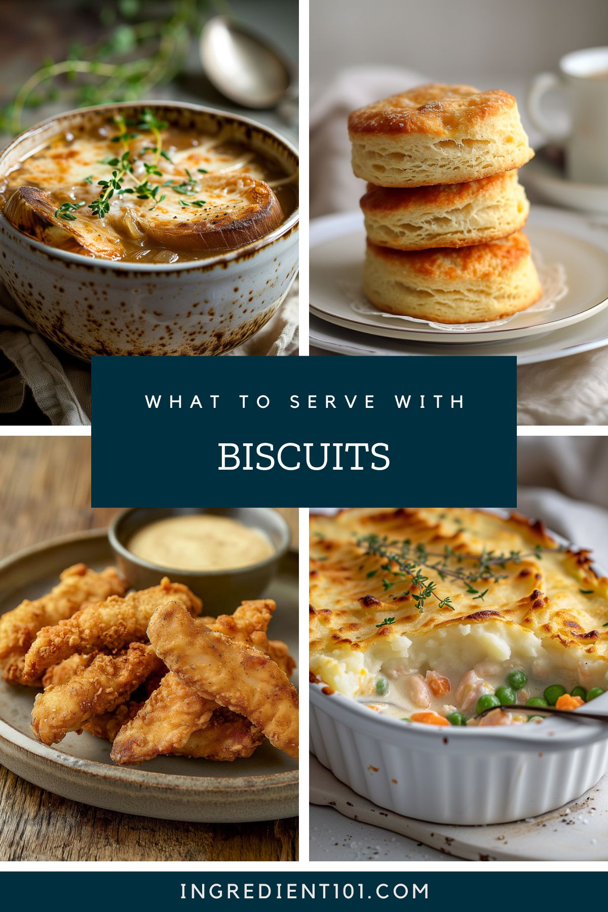 What to serve with biscuits including crispy fried chicken tenders, French onion soup and fish pie.