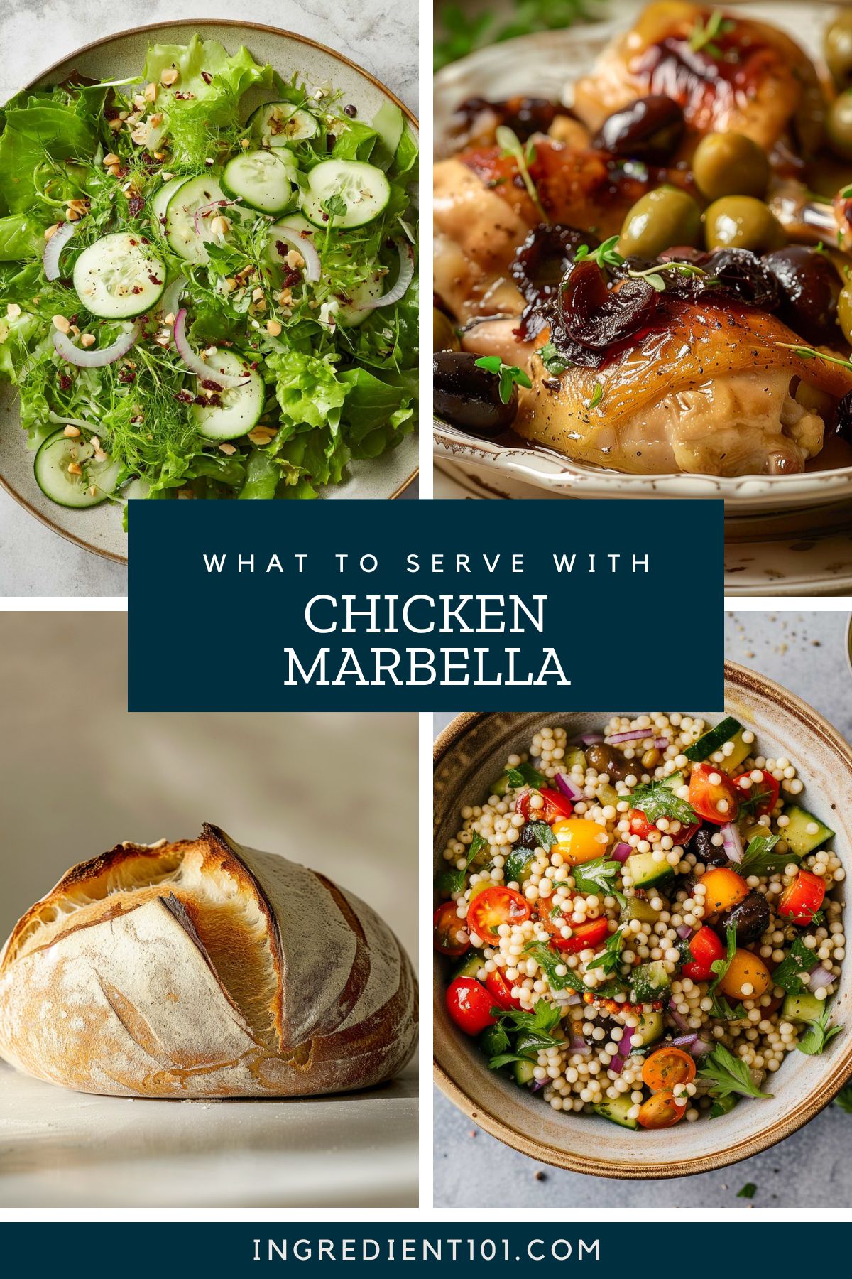 What to serve with chicken marbella including couscous salad, green salad and a rustic bread loaf.