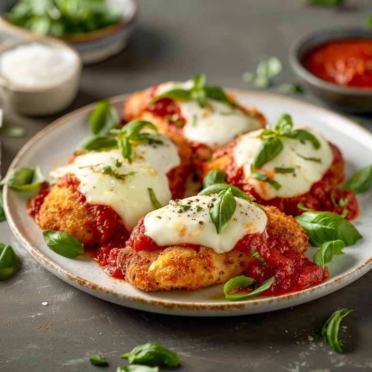 A shallow serving plate with crumbed chicken cutlets topped with marinara sauce and melted mozzarella cheese and fresh basil.