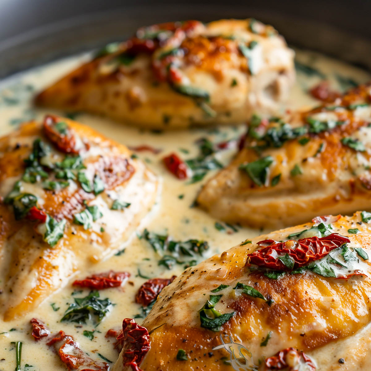 Tuscan chicken (also called marry me chicken) of seared chicken breasts cooked in a cream-based sauce with sun-dried tomatoes.