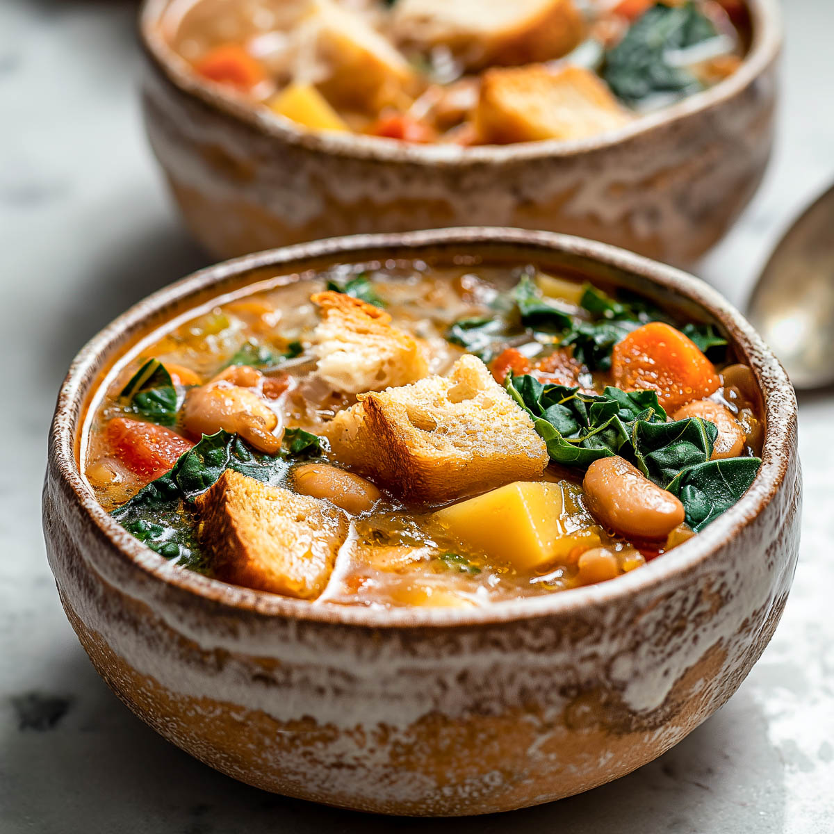 A ceramic soup bowl with ribollita soup with pieces of bread.