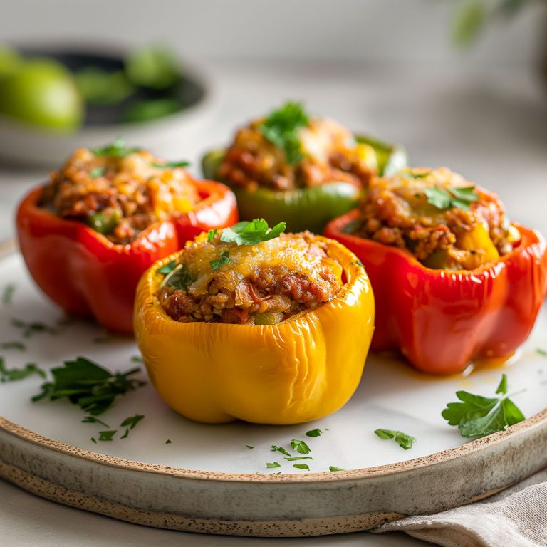 Stuffed bell peppers with ground meat on a ceramic plate.