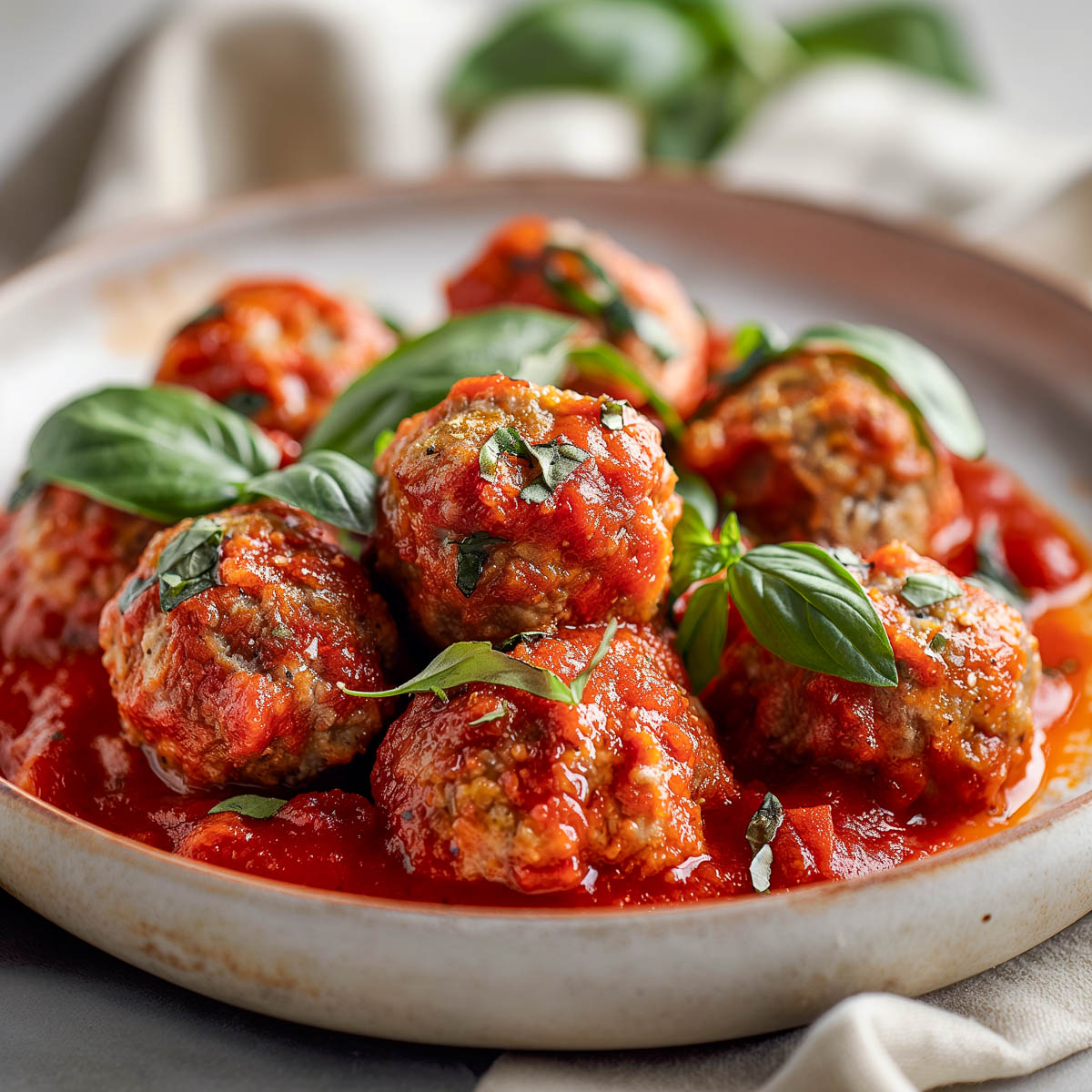 Italian meatballs in tomato sauce with shredded basil leaves.