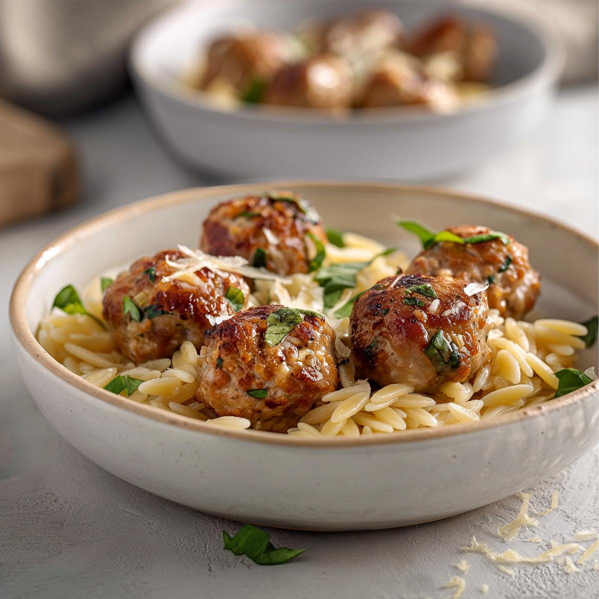 Italian sausage meatballs served on orzo.