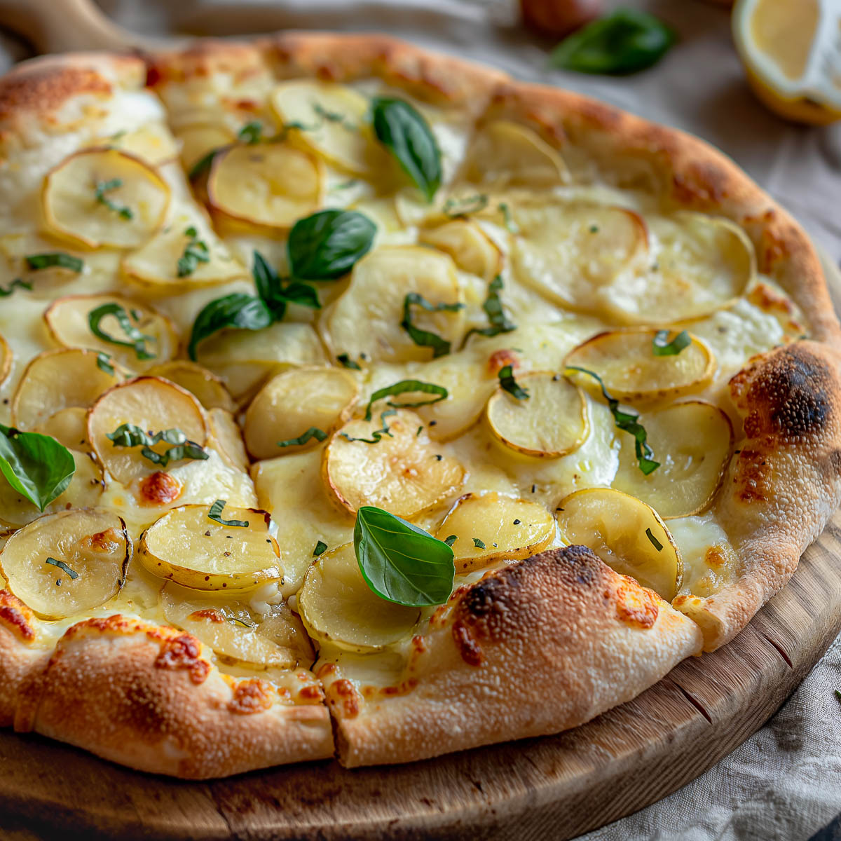 An Italian white pizza with potato slices.