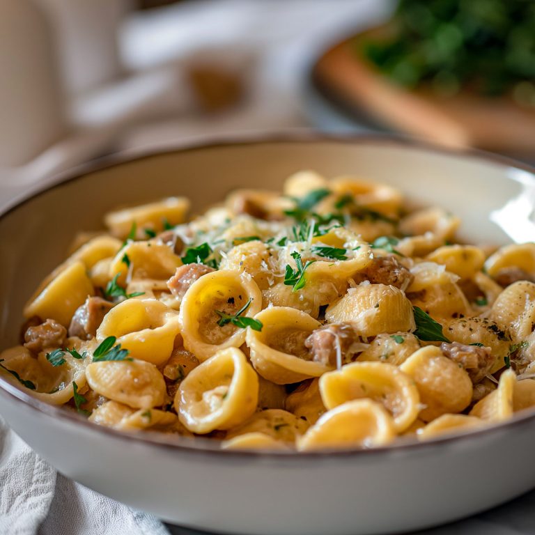 A pasta bowl with a serving of orecchiette paste with apple and sausage gravy.