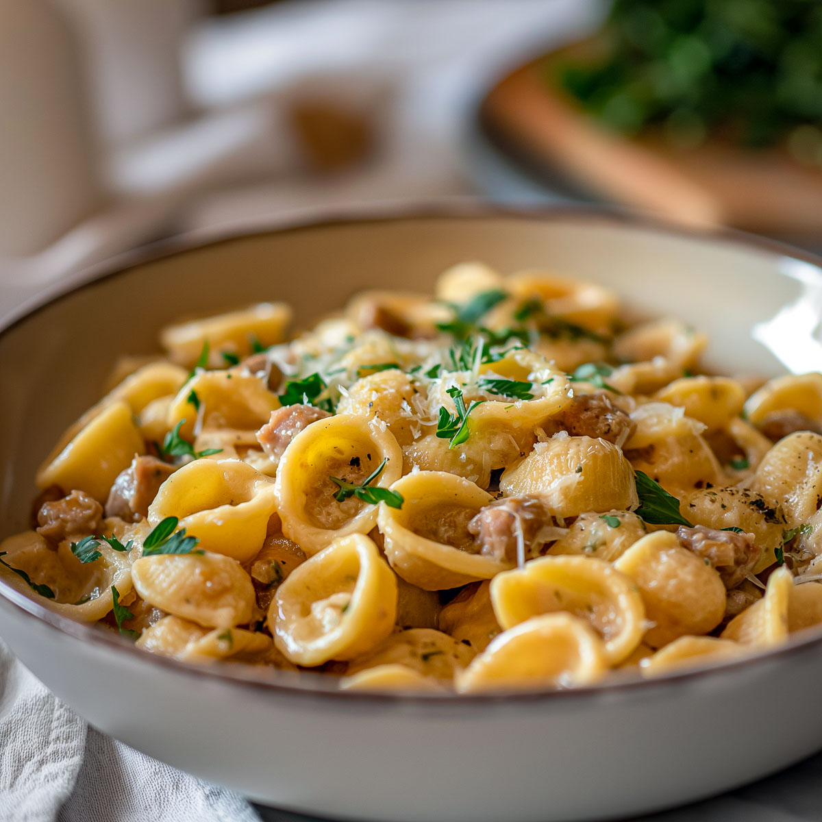 A pasta bowl with a serving of orecchiette paste with apple and sausage gravy.