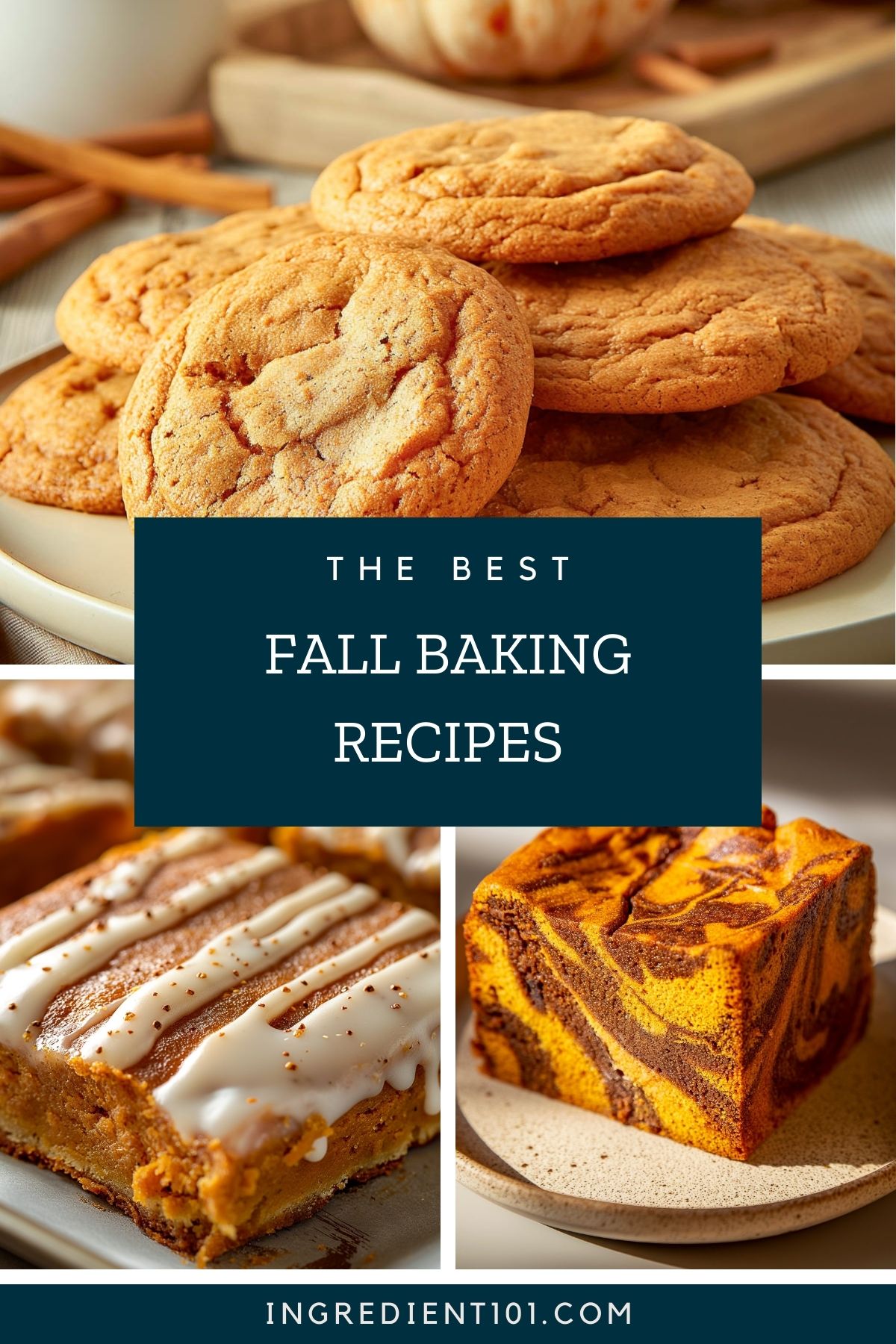 A collection of fall baking recipes including pumpkin spice cookies, pumpkin marble cake and fudgy pumpkin slices.
