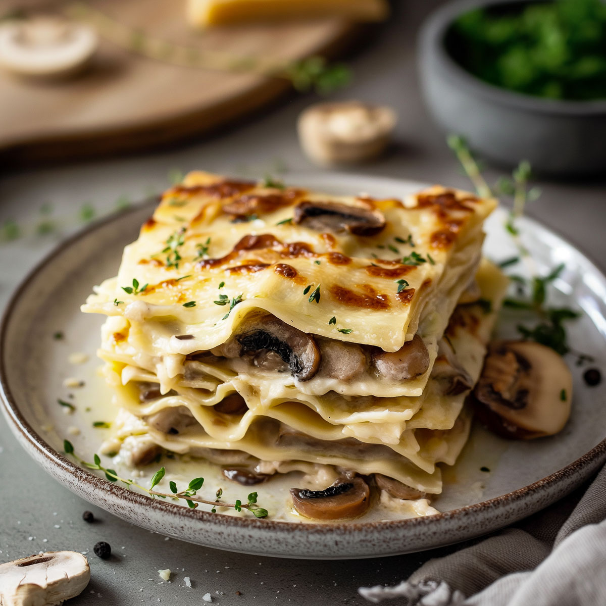 A serving of mushroom lasagna on a dinner plate.