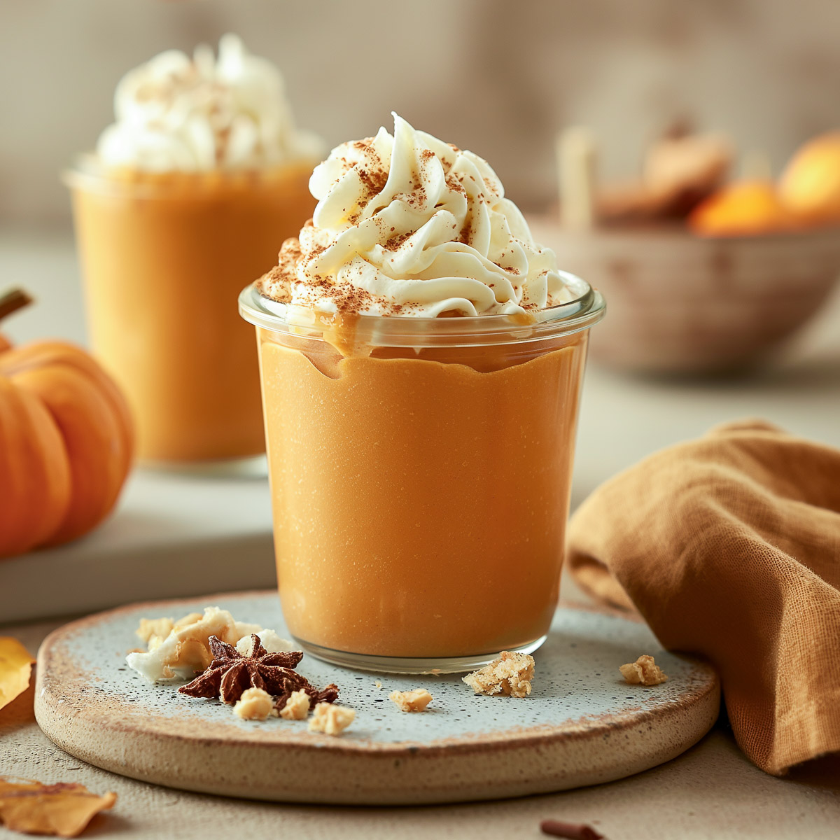 A jar with smooth pumpkin pudding topped with whipped cream.