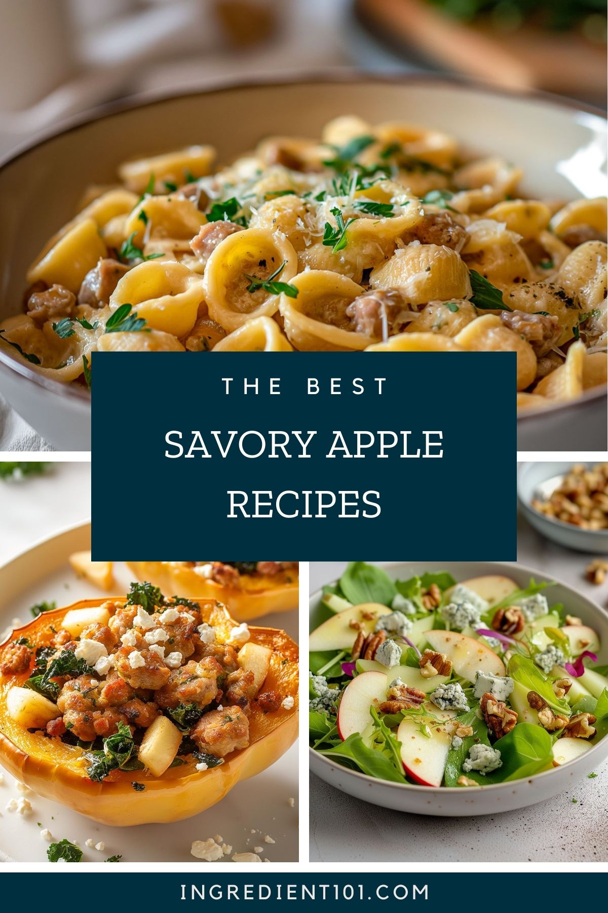 Savory apple recipes including pasta with apple, gouda and sausage sauce, apple stuffed squash and an apple salad.