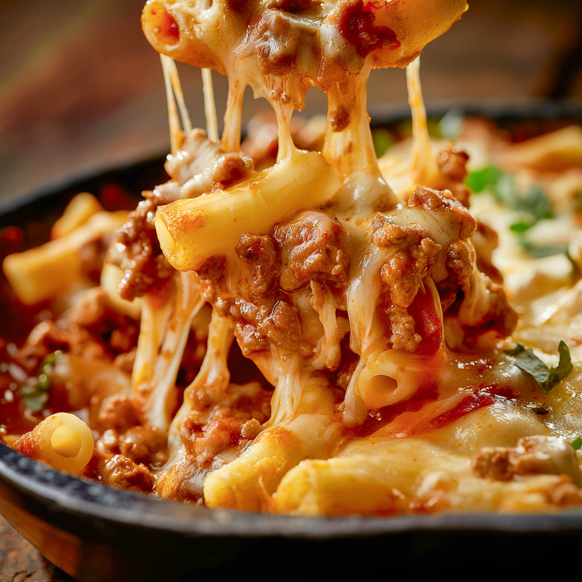 A close-up of cheesy macaroni and cheese with beef.
