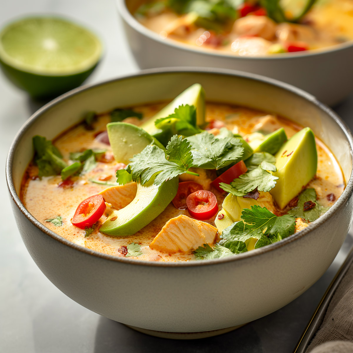 A bowl of chicken tortilla soup topped with avocado and cilantro.