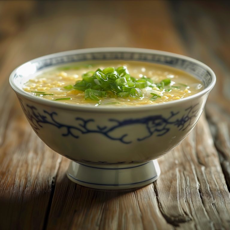 A Chinese porcelain bowl with homemade egg drop soup.