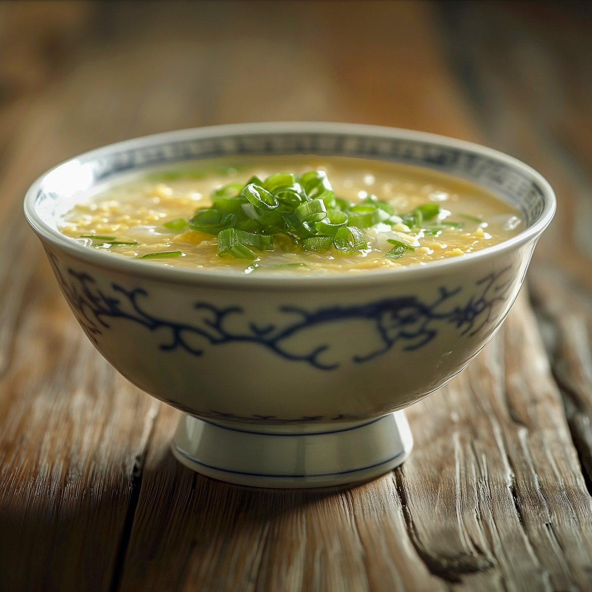 A Chinese porcelain bowl with homemade egg drop soup.