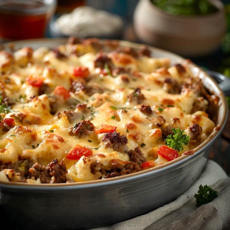 A roasting pan with a cheeseburger casserole with ground beef topped with melted cheese.
